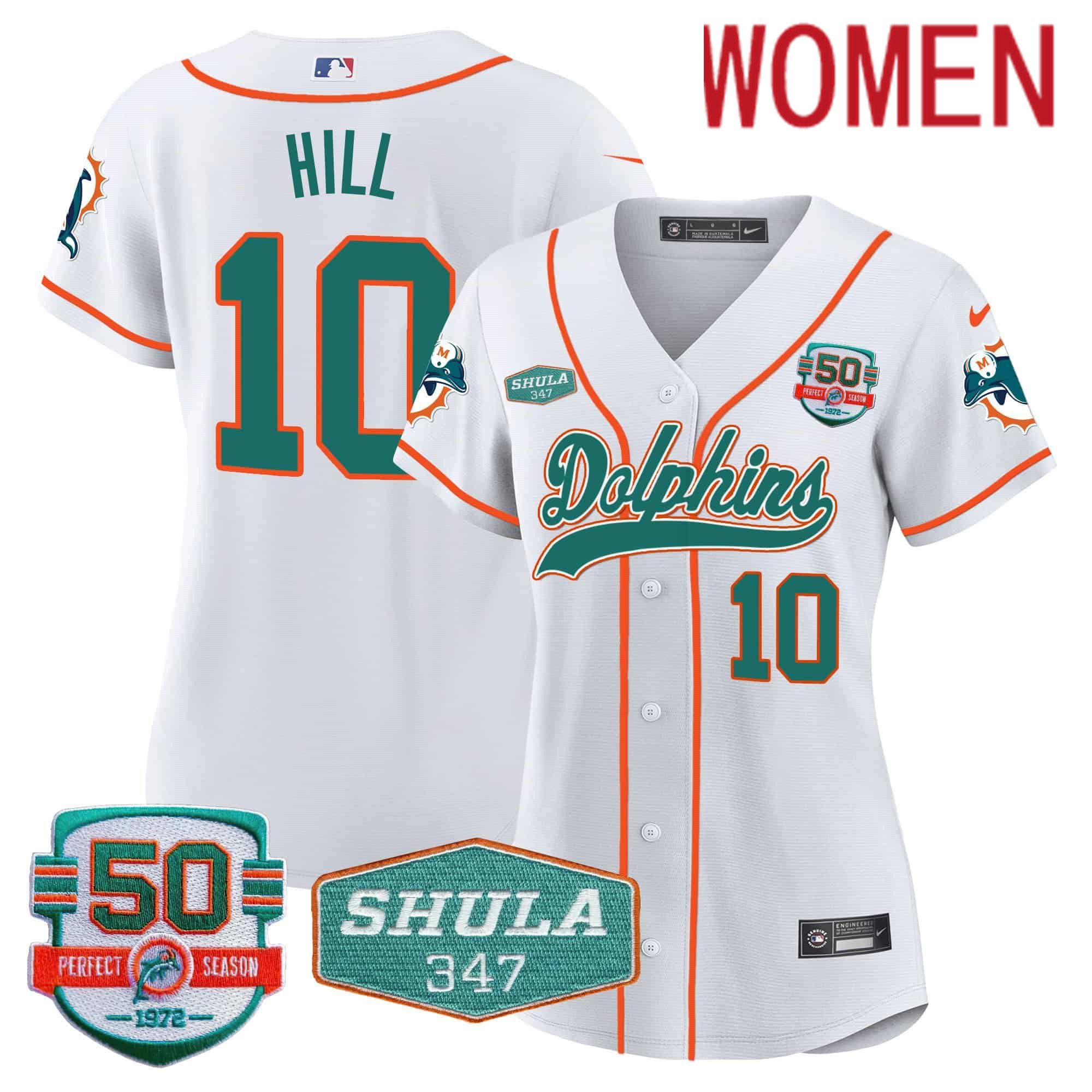 Women Miami Dolphins 10 Hill White 2024 Nike 50th Don Shula Memorial Patch Baseball NFL Jersey